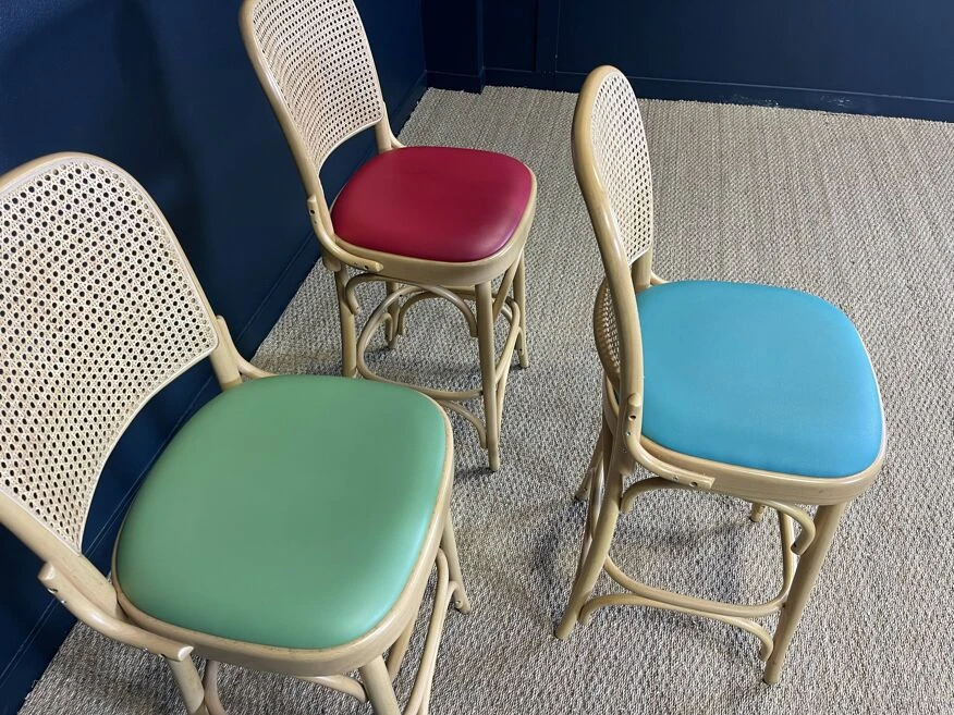 Set Of 3 Thonet Type High Chairs In Light Wood, Canework And Colored Skai 9 Set Of 3 Thonet Type High Chairs In Light Wood, Canework And Colored Skai - Image 9