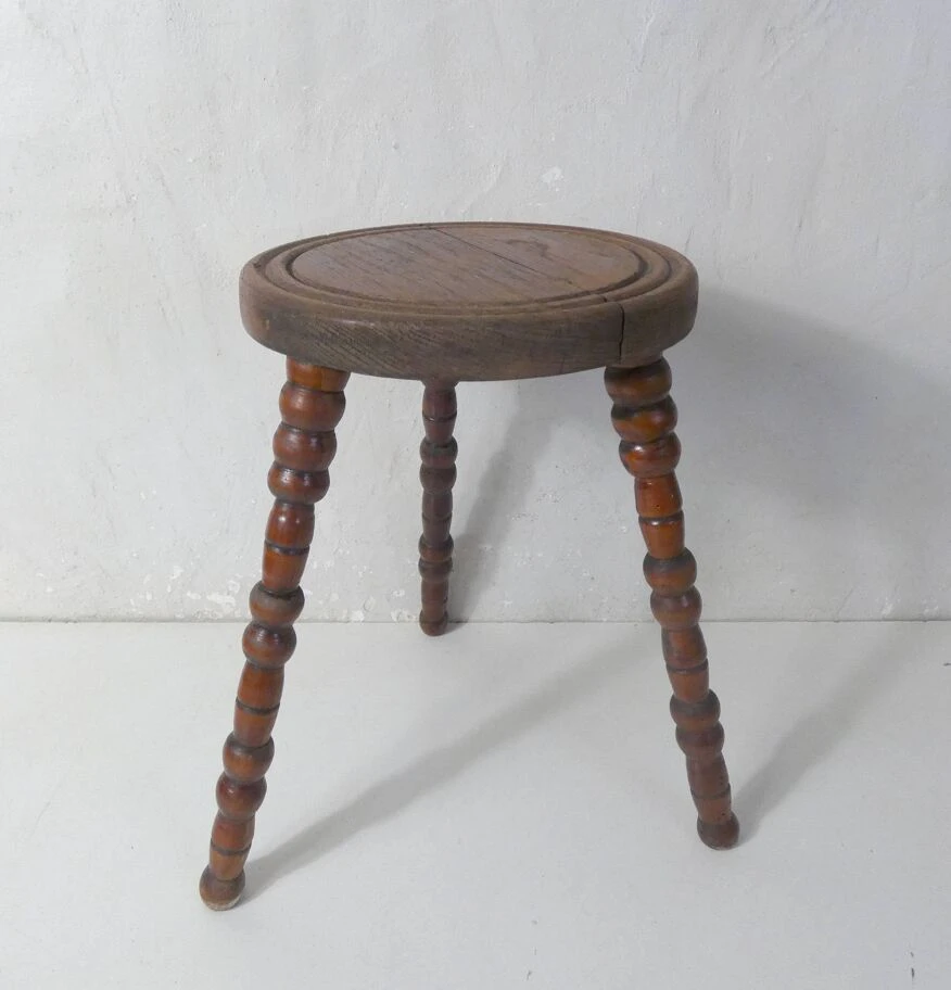 Old Tripod Stool In Beaded Wood For Plants 2 Old Tripod Stool In Beaded Wood For Plants - Image 2