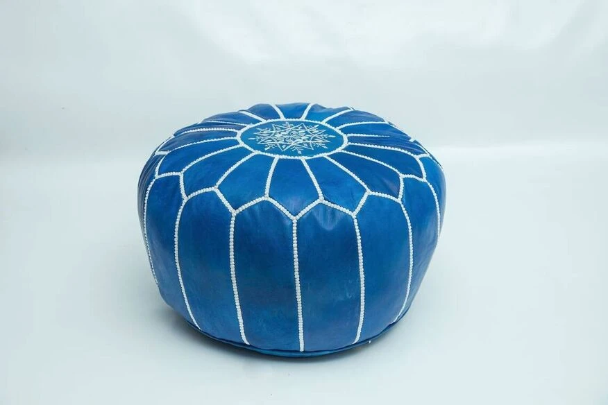 Moroccan Leather Pouf, Moroccan Ottoman Pouf, Blue Moroccan Pouf, Moroccan Vintage, Leather Pouf 2 Moroccan Leather Pouf, Moroccan Ottoman Pouf, Blue Moroccan Pouf, Moroccan Vintage, Leather Pouf - Image 2