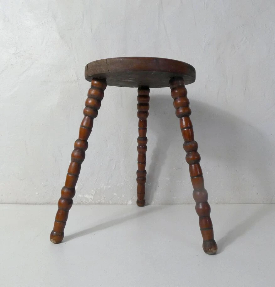 Old Tripod Stool In Beaded Wood For Plants 5 Old Tripod Stool In Beaded Wood For Plants - Image 5