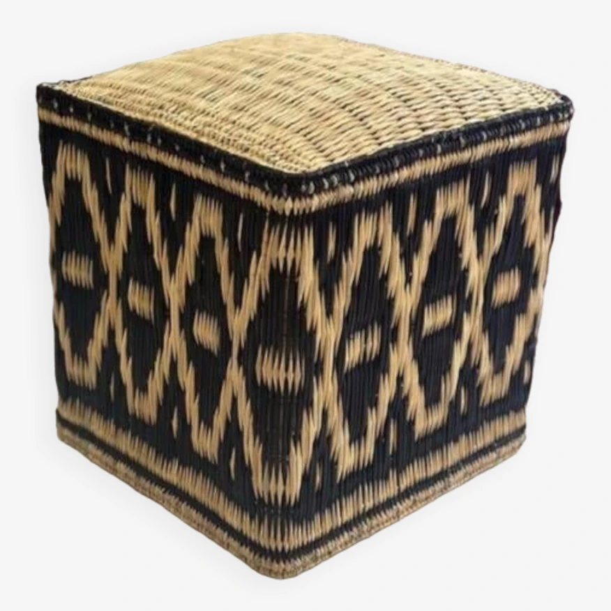 Moroccan Pouf Cube Seat In Graphic Ikat Wicker Dark Green Forest Fir 6 Moroccan Pouf Cube Seat In Graphic Ikat Wicker Dark Green Forest Fir - Image 6