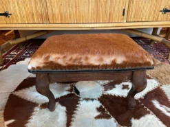 Vintage Wood And Goatskin Pouf