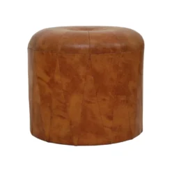 Round Vintage Wooden Pouf Brown Skai Leather Patchwork Sixties -Cozy Seats Store 0ff9efab 66d2 49ef ae80 c681eb170539