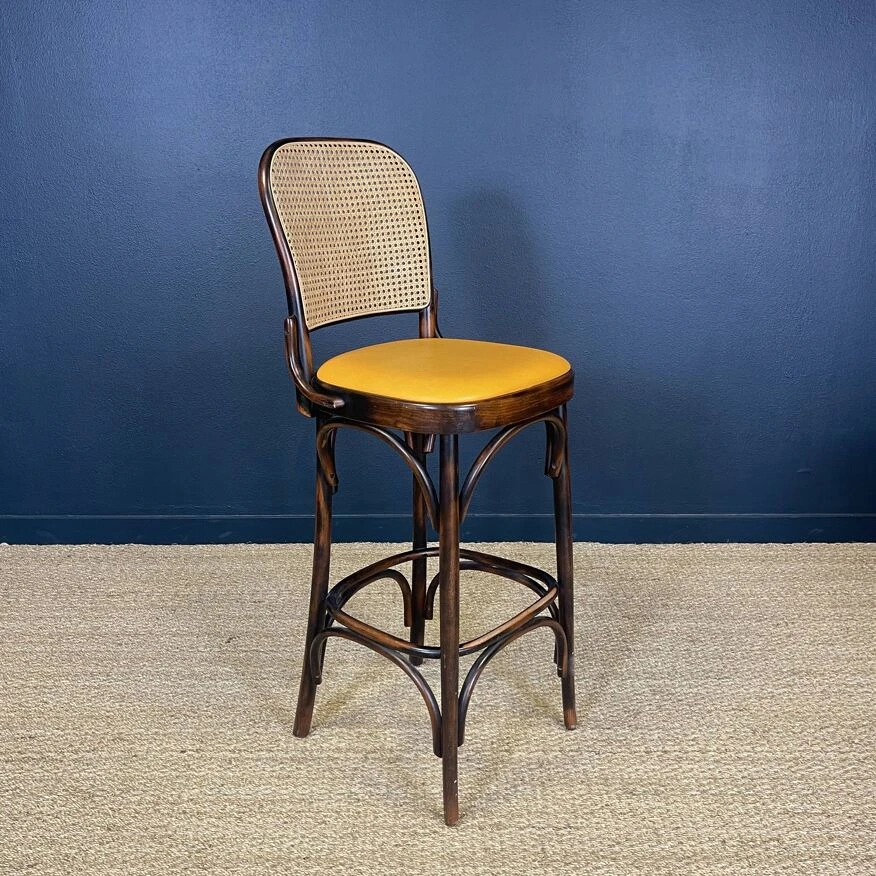 Set Of 10 Thonet Type High Bar Chairs In Dark Wood, Canework And Colored Skai 9 Set Of 10 Thonet Type High Bar Chairs In Dark Wood, Canework And Colored Skai - Image 9