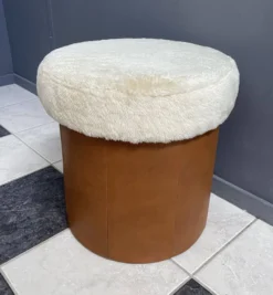 Brown Leatherette Pouf With Fluffy Top Lid 1970s -Cozy Seats Store 116328c5 6472 488c 931b efd275c40341