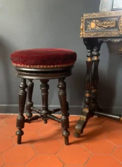 Antique Piano Stool In Blackened Wood And Red Velvet, 19th Century