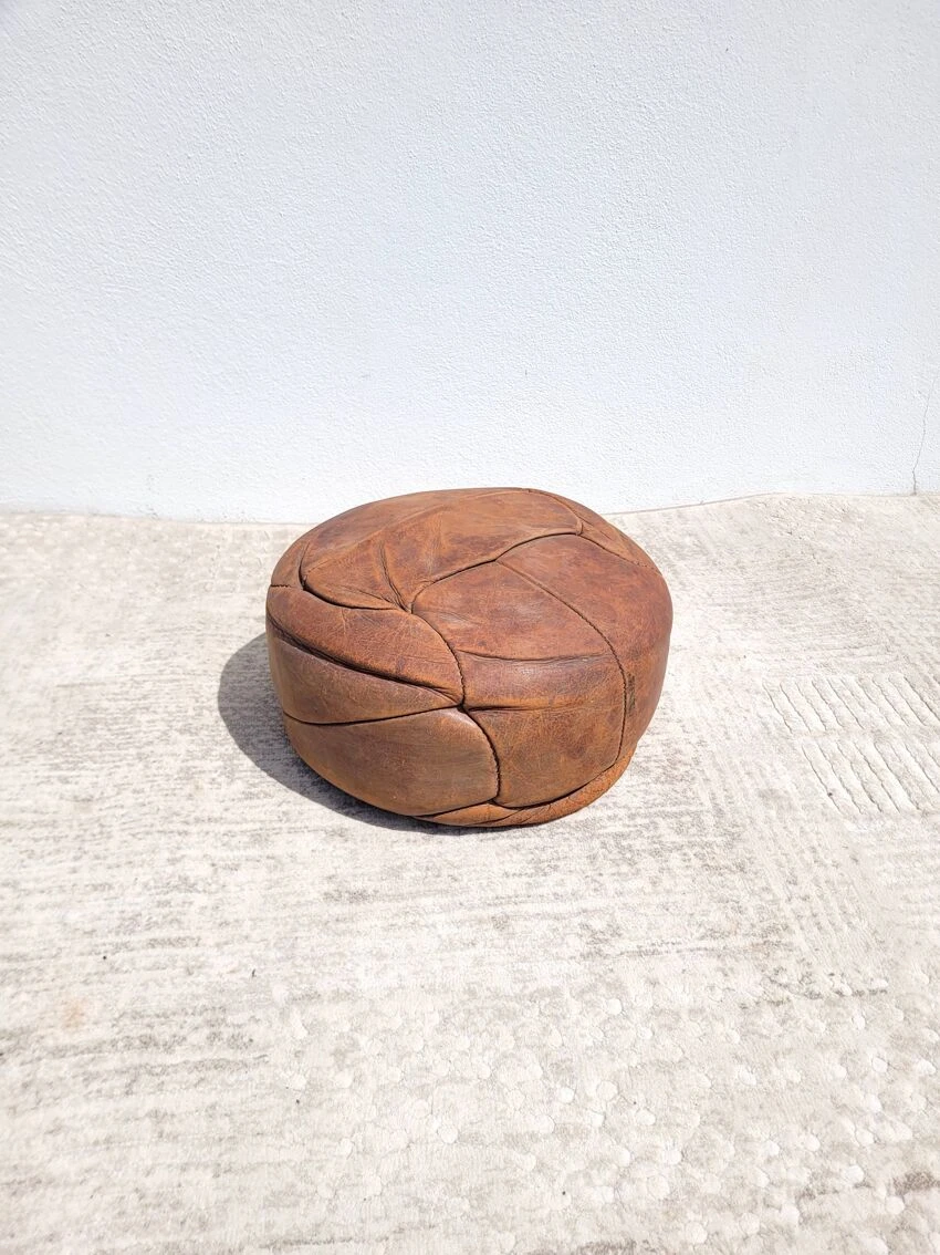 Small Handcrafted Pouf In Cognac Leather 5 Small Handcrafted Pouf In Cognac Leather - Image 5
