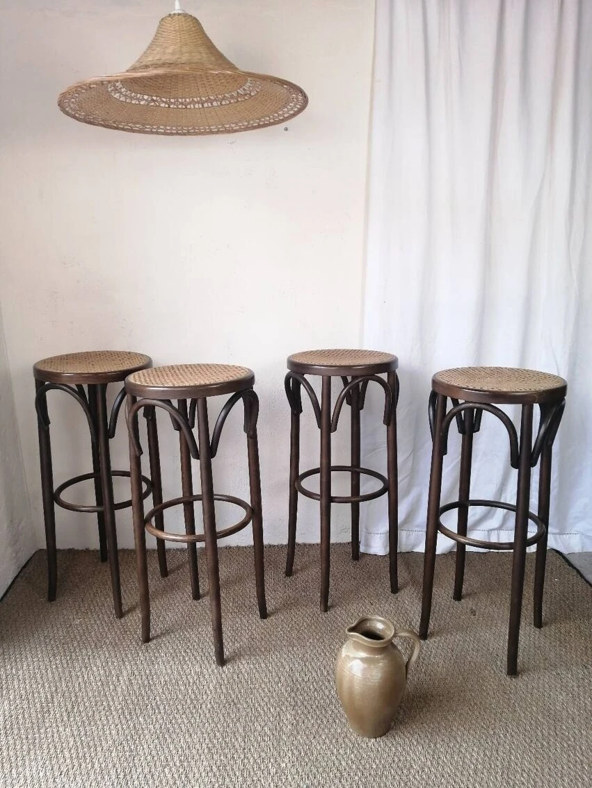 Set Of 4 High Bistro Stools In Curved Wood And Canework. 10 Set Of 4 High Bistro Stools In Curved Wood And Canework. - Image 10