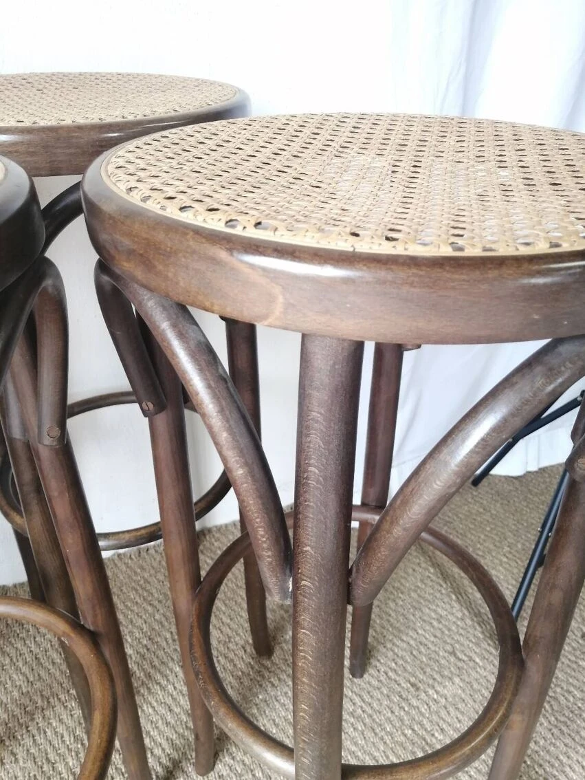 Set Of 4 High Bistro Stools In Curved Wood And Canework. 14 Set Of 4 High Bistro Stools In Curved Wood And Canework. - Image 14