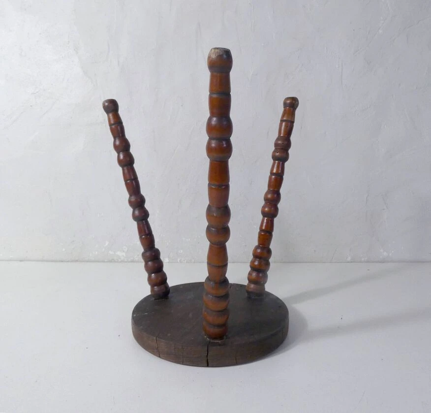 Old Tripod Stool In Beaded Wood For Plants 3 Old Tripod Stool In Beaded Wood For Plants - Image 3