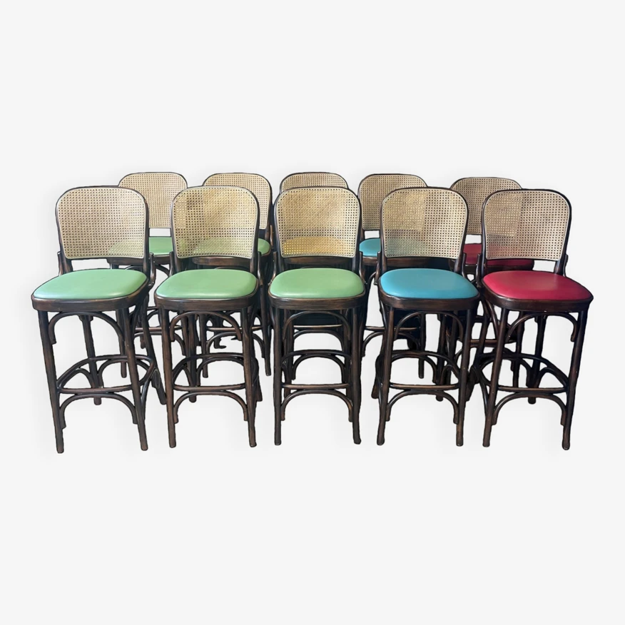 Set Of 10 Thonet Type High Bar Chairs In Dark Wood, Canework And Colored Skai 2 Set Of 10 Thonet Type High Bar Chairs In Dark Wood, Canework And Colored Skai - Image 2