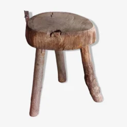 Old Small Country Stool In Raw Wood - Tripod Base