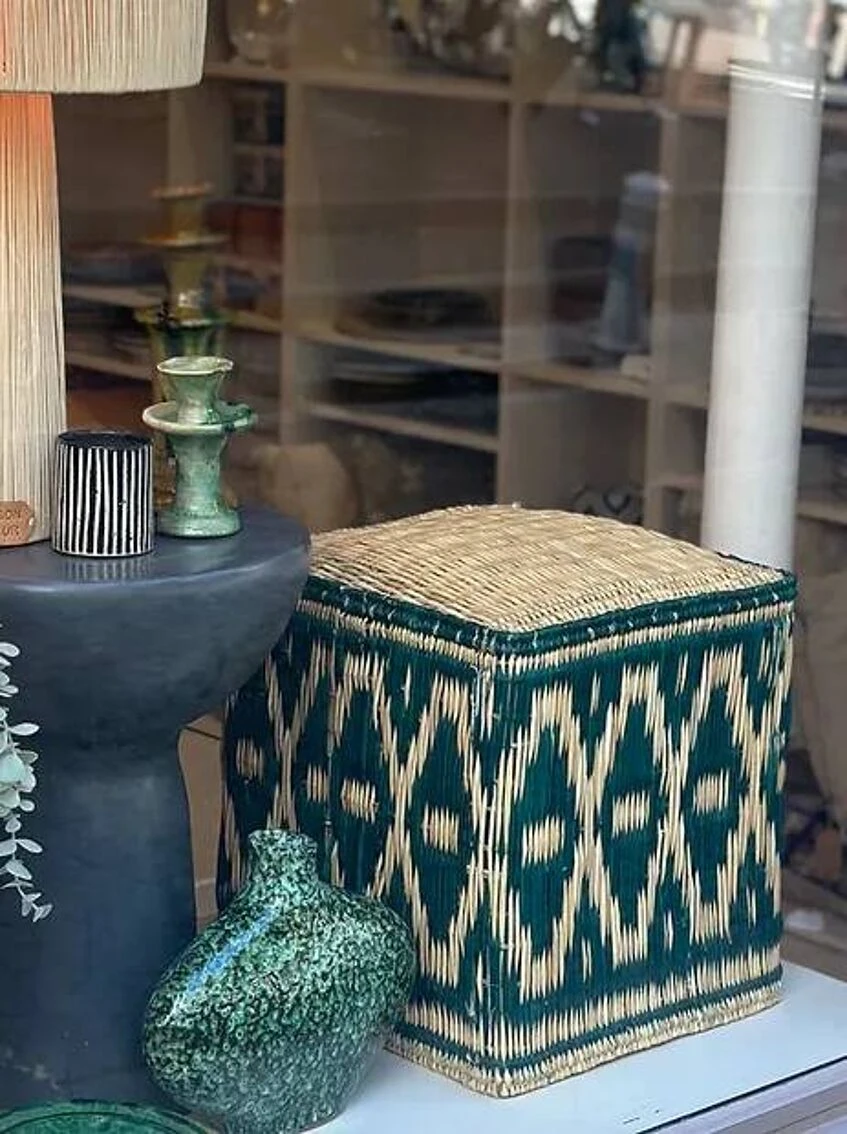 Moroccan Pouf Cube Seat In Graphic Ikat Wicker Dark Green Forest Fir 3 Moroccan Pouf Cube Seat In Graphic Ikat Wicker Dark Green Forest Fir - Image 3