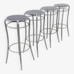 4x Bar Stool In Chrome & Wood, 1980s