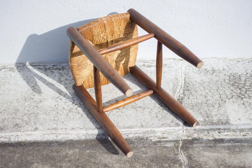 Vintage French Stool From The 50s, Wood And Straw Stool, Straw Stool, Extra Seat,