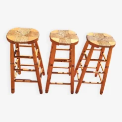 Set Of 3 High “modernist” Straw Stools Vintage 1950s