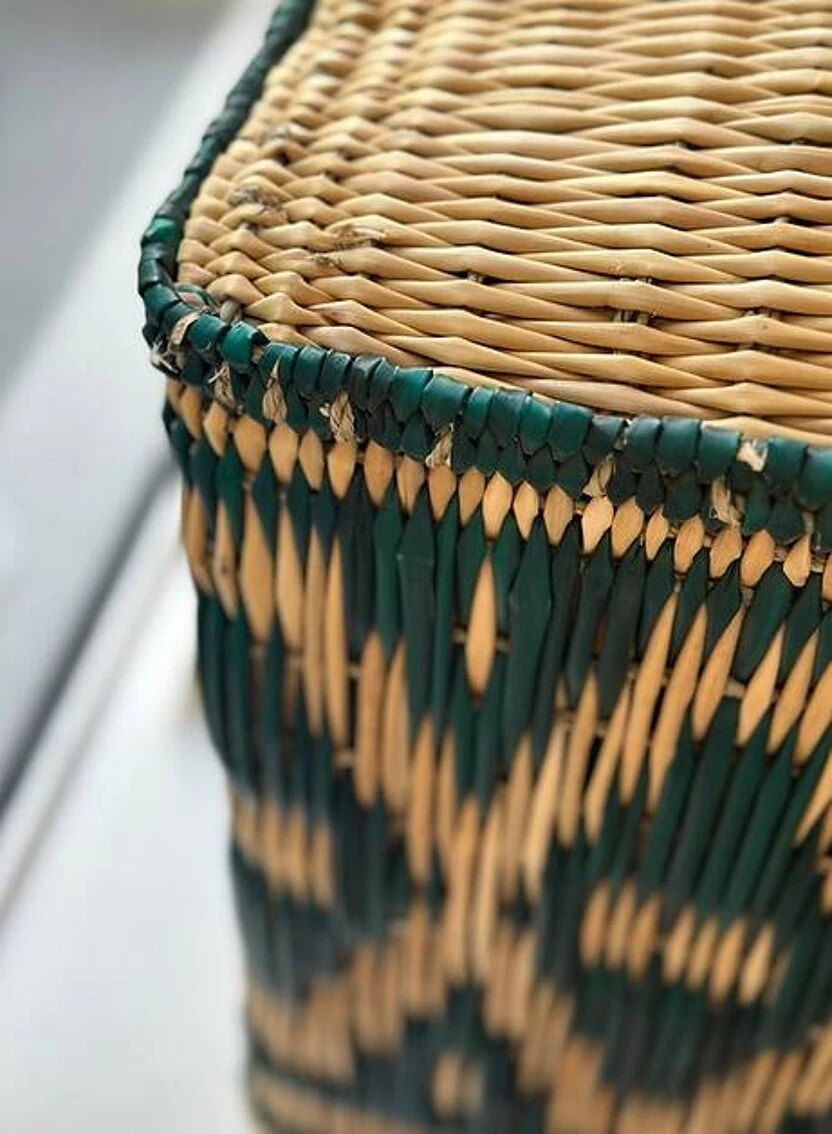 Moroccan Pouf Cube Seat In Graphic Ikat Wicker Dark Green Forest Fir 5 Moroccan Pouf Cube Seat In Graphic Ikat Wicker Dark Green Forest Fir - Image 5