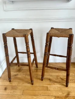 Pair Of Vintage Straw-seat Bar Stools