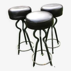 Vintage Leather And Wrought Iron Bar Stools