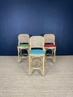 Set Of 3 Thonet Type High Chairs In Light Wood, Canework And Colored Skai