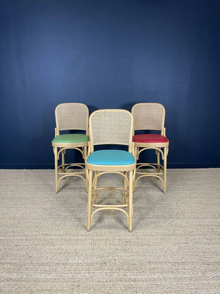 Set Of 3 Thonet Type High Chairs In Light Wood, Canework And Colored Skai 1 Set Of 3 Thonet Type High Chairs In Light Wood, Canework And Colored Skai