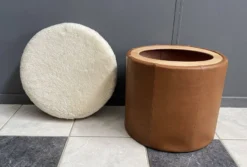 Brown Leatherette Pouf With Fluffy Top Lid 1970s