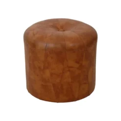 Round Vintage Wooden Pouf Brown Skai Leather Patchwork Sixties