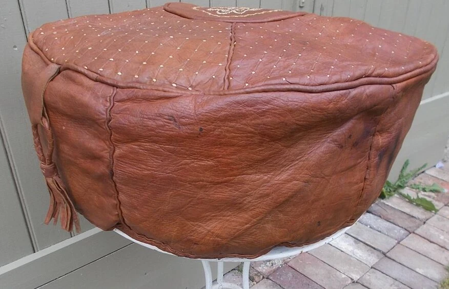 Large Vintage Moroccan Leather Pouf 13 Large Vintage Moroccan Leather Pouf - Image 13