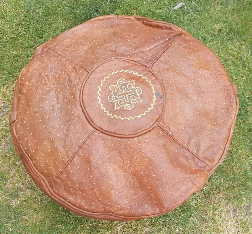 Large Vintage Moroccan Leather Pouf 3 Large Vintage Moroccan Leather Pouf - Image 3