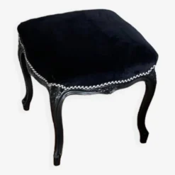 Vintage - Renovated Louis XV Style Pouf - Carved Rosettes - Black Velvet And Houlès Braid
