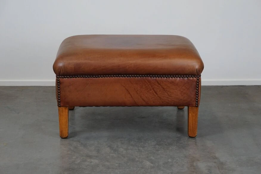 English-style Leather Ottoman In Cognac-colored Leather 6 English-style Leather Ottoman In Cognac-colored Leather - Image 6