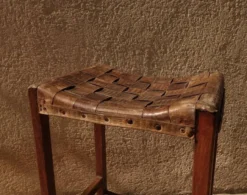 Stool In Wood And Woven Leather. -Cozy Seats Store 717a2706 2176 4f25 9655 2e59ffea410e