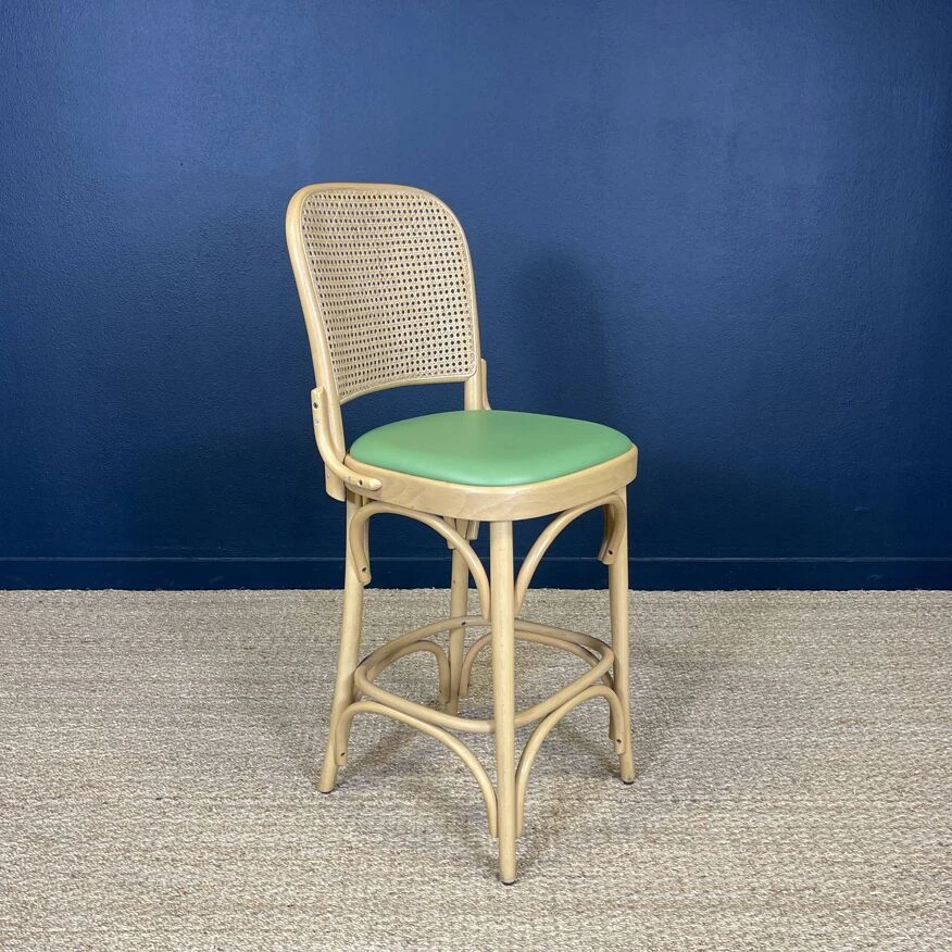 Set Of 3 Thonet Type High Chairs In Light Wood, Canework And Colored Skai 7 Set Of 3 Thonet Type High Chairs In Light Wood, Canework And Colored Skai - Image 7