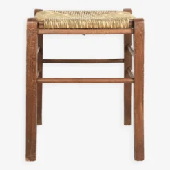 Vintage Stool, Square, In Solid Wood, Straw Seat.