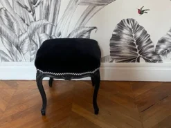 Vintage - Renovated Louis XV Style Pouf - Carved Rosettes - Black Velvet And Houlès Braid -Cozy Seats Store 82a349d8 224e 4c00 9190 e36c2d74fc9c
