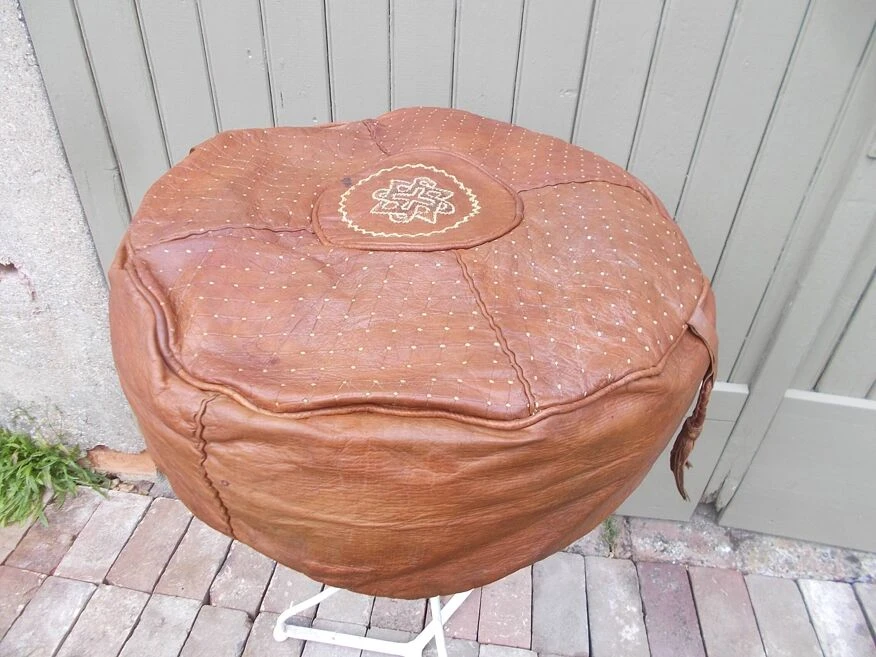 Large Vintage Moroccan Leather Pouf 9 Large Vintage Moroccan Leather Pouf - Image 9