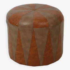 Round Wooden Pouf Two-tone Brown Skai Faux Leather Sixties