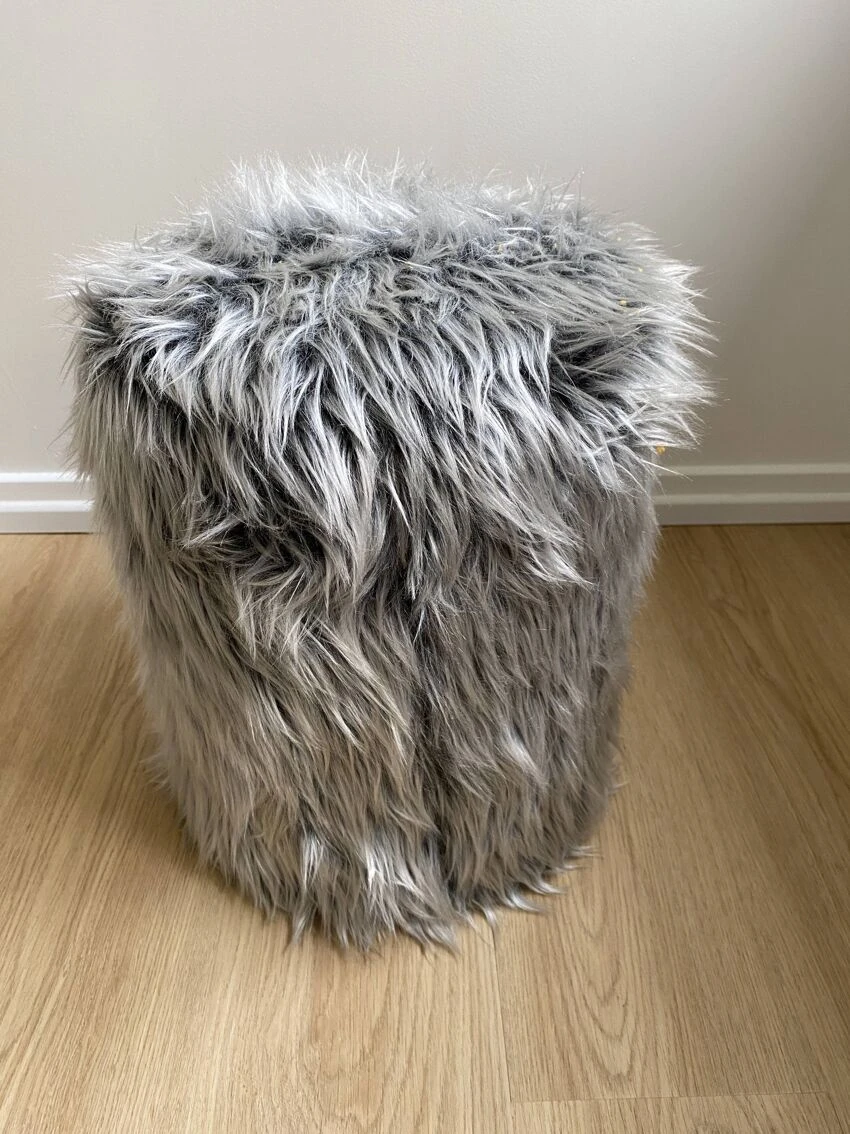 Vintage Pouf In The Style Of Pelfran, Gray Long-haired Synthetic Fur 2 Vintage Pouf In The Style Of Pelfran, Gray Long-haired Synthetic Fur - Image 2