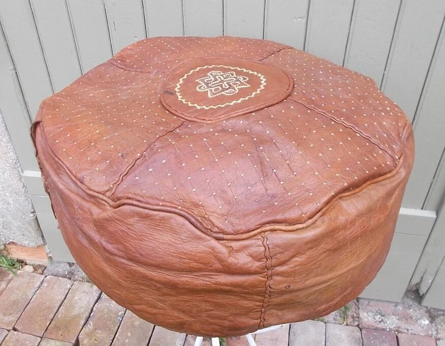 Large Vintage Moroccan Leather Pouf 11 Large Vintage Moroccan Leather Pouf - Image 11