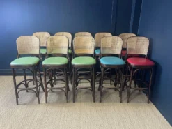 Set Of 10 Thonet Type High Bar Chairs In Dark Wood, Canework And Colored Skai 23 Set Of 10 Thonet Type High Bar Chairs In Dark Wood, Canework And Colored Skai -Cozy Seats Store 9342c190 1f2a 4d90 a6e9 11811ec33d76