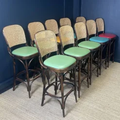 Set Of 10 Thonet Type High Bar Chairs In Dark Wood, Canework And Colored Skai