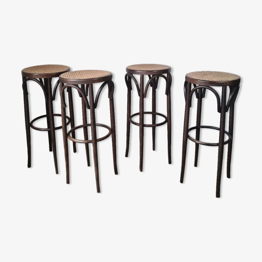 Set Of 4 High Bistro Stools In Curved Wood And Canework. 2 Set Of 4 High Bistro Stools In Curved Wood And Canework. - Image 2
