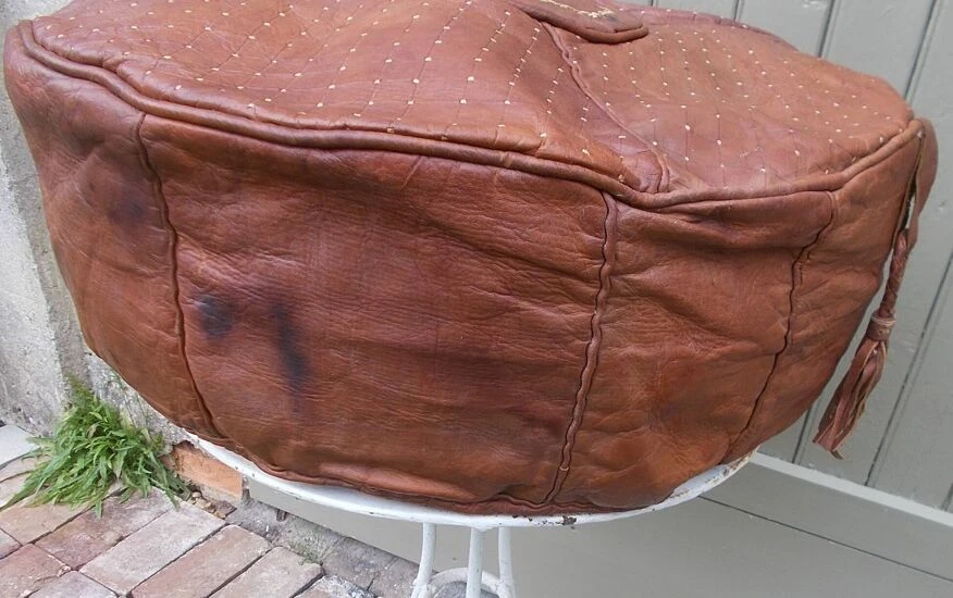 Large Vintage Moroccan Leather Pouf 2 Large Vintage Moroccan Leather Pouf - Image 2
