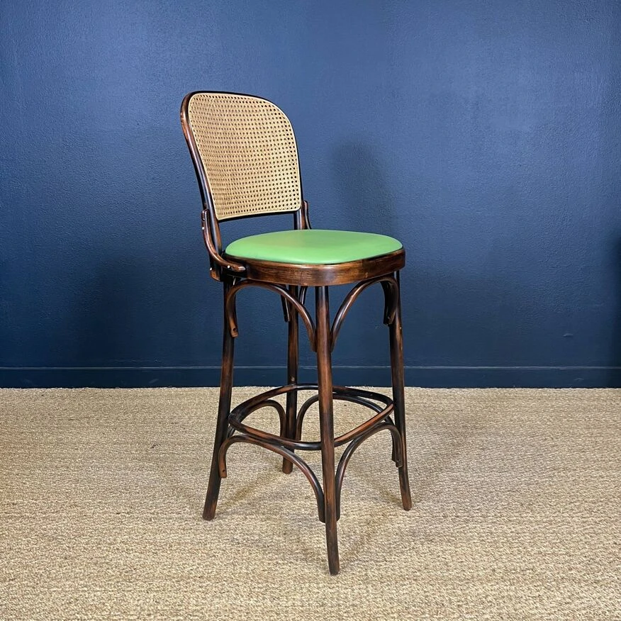 Set Of 10 Thonet Type High Bar Chairs In Dark Wood, Canework And Colored Skai 8 Set Of 10 Thonet Type High Bar Chairs In Dark Wood, Canework And Colored Skai - Image 8