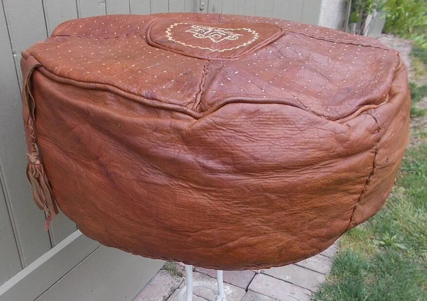 Large Vintage Moroccan Leather Pouf 12 Large Vintage Moroccan Leather Pouf - Image 12