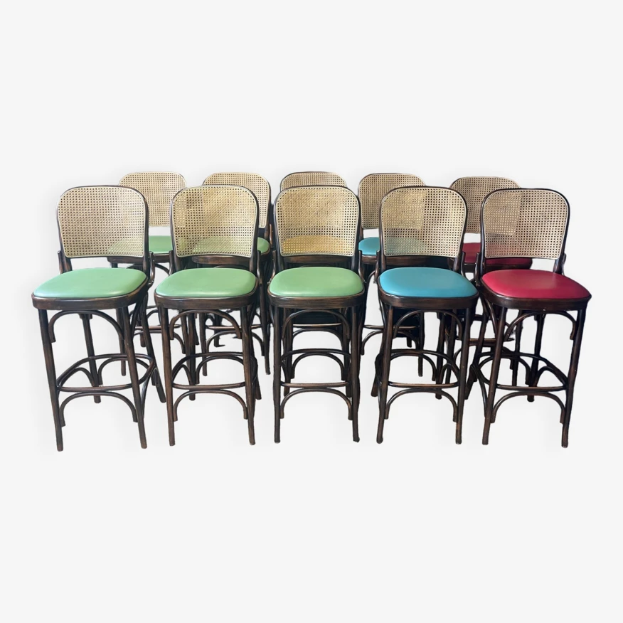 Set Of 10 Thonet Type High Bar Chairs In Dark Wood, Canework And Colored Skai 4 Set Of 10 Thonet Type High Bar Chairs In Dark Wood, Canework And Colored Skai - Image 4