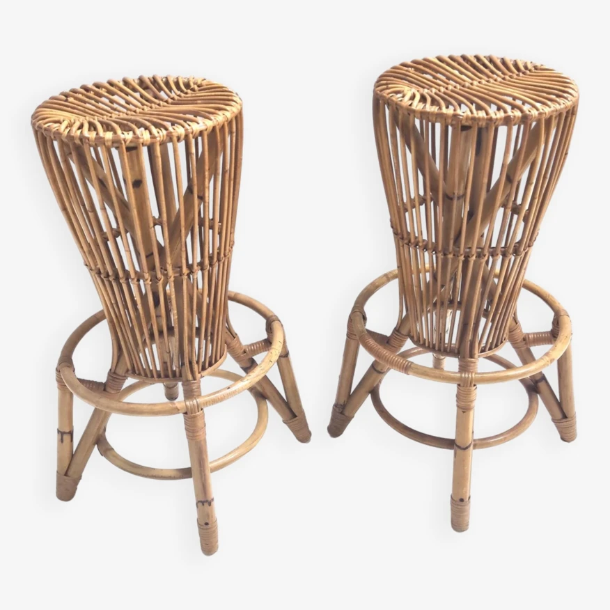 Postmodern Pair Of Round Bamboo Stools Attr. To Tito Agnoli For Bonacina, Italy 1 Postmodern Pair Of Round Bamboo Stools Attr. To Tito Agnoli For Bonacina, Italy