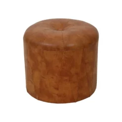 Round Vintage Wooden Pouf Brown Skai Leather Patchwork Sixties -Cozy Seats Store ae8105fc f79d 409b 895a e85c42254a20