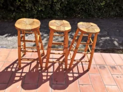 Set Of 3 High “modernist” Straw Stools Vintage 1950s -Cozy Seats Store afe99340 169a 4073 ac88 659f9eb8ab2a