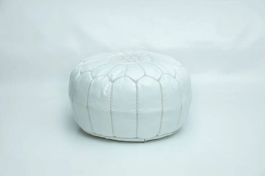 Moroccan Leather Pouf, Moroccan Ottoman Pouf, White Moroccan Pouf, Vintage 3 Moroccan Leather Pouf, Moroccan Ottoman Pouf, White Moroccan Pouf, Vintage - Image 3